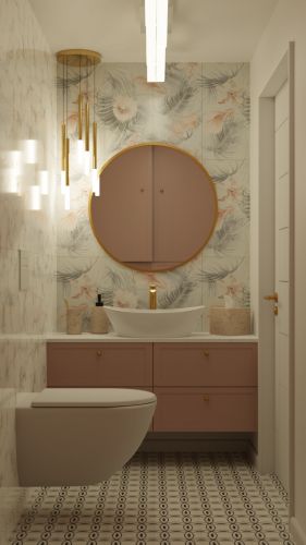 wizualizacja łazienki z kafelkami i lustrem