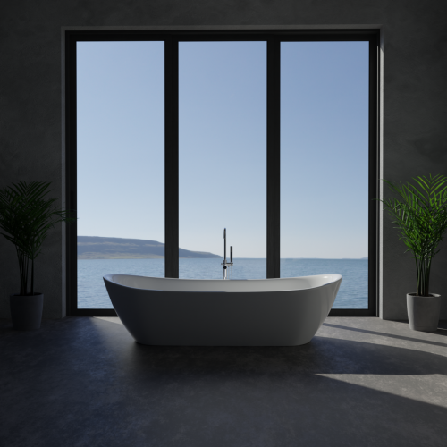 wizualizacja łazienki z wanną i dużymi oknami
