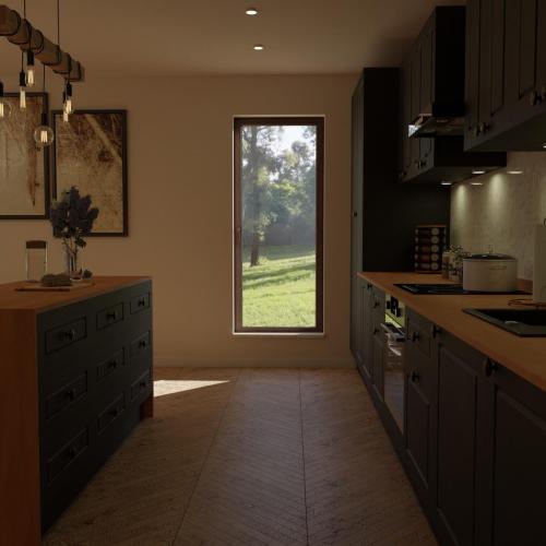 wizualizacja kuchni z salonem